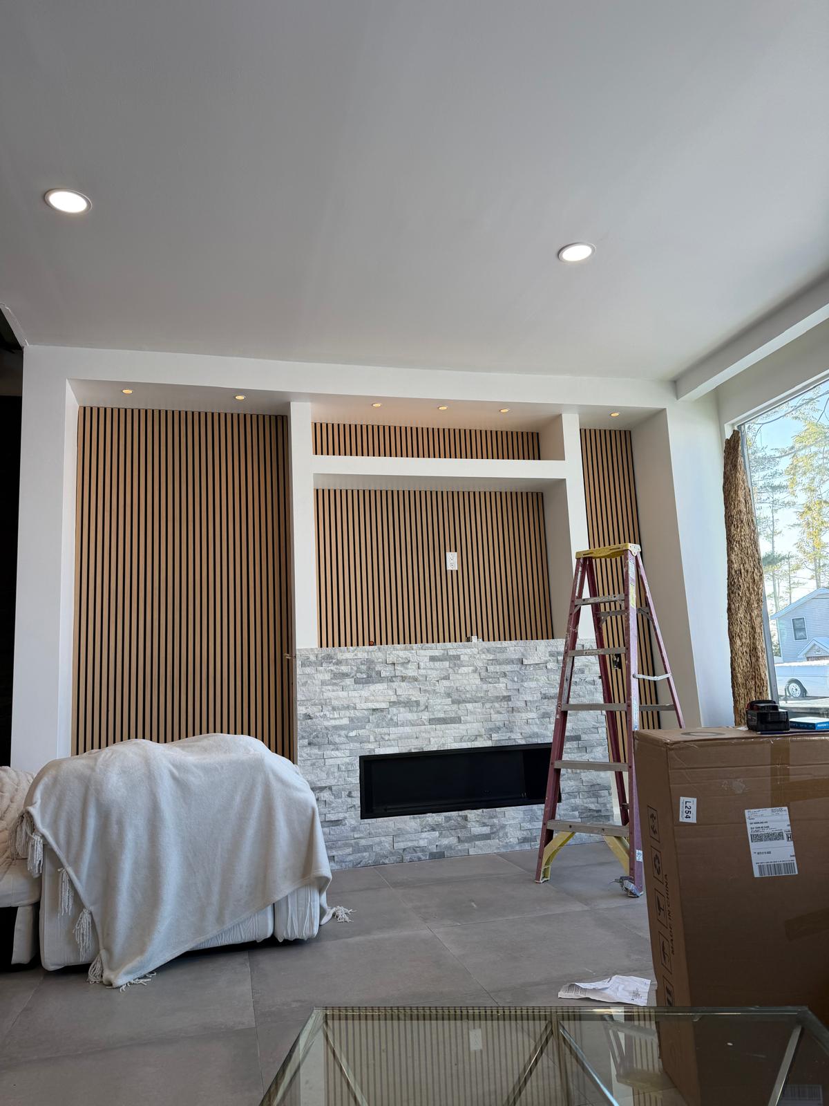 Slat-wall stone fireplace feature